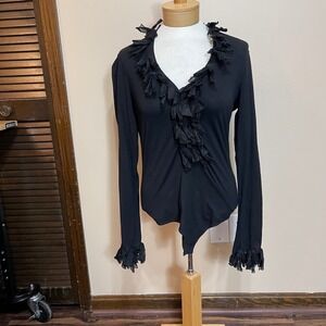 Anne Fontaine Perla Black Pima Cotton Ruffle V-Neck Bodysuit Size 42 US 10 Sexy